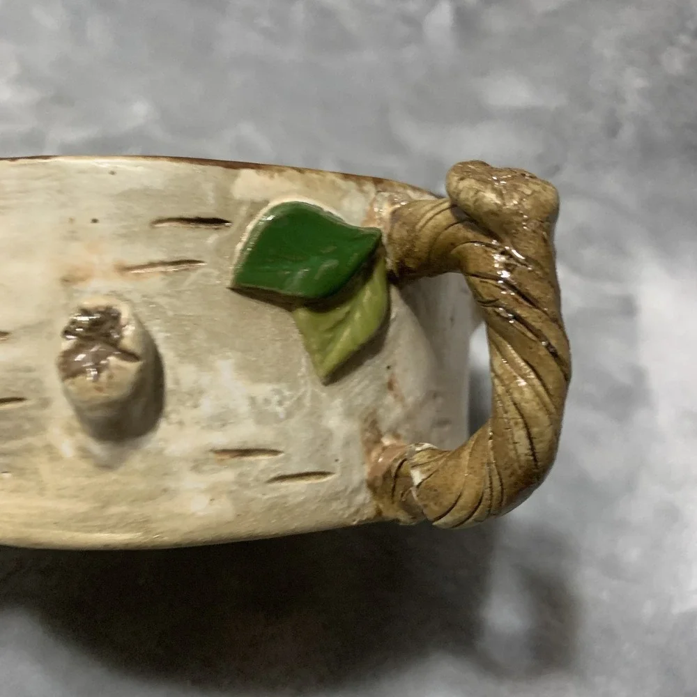 Unique Birch Bark Tree Stump Ceramic Vase Planter‎ Mug Ladybug Handle Decorative